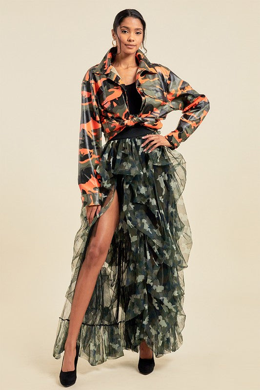 Open Front Mesh Camouflage Maxi Skirt