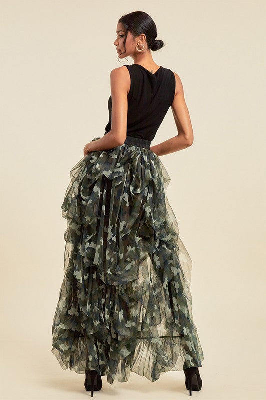 Open Front Mesh Camouflage Maxi Skirt