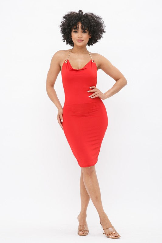 Women's Neck Chain Open Back Midi Dress