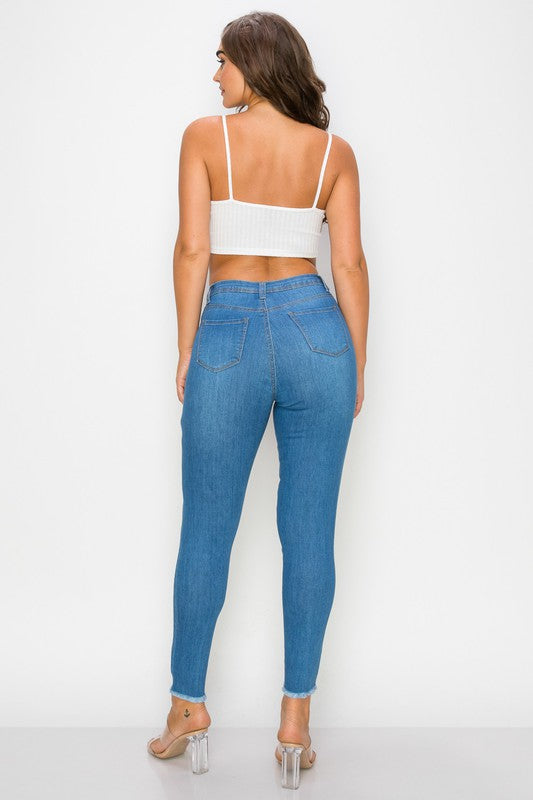 High Rise Skinny Zip Fly Distressed Denim Jeans