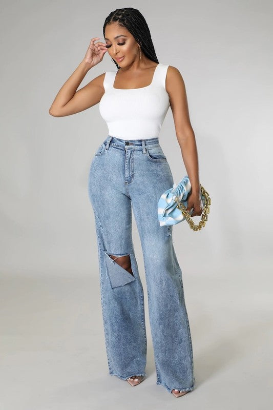 Wide Leg Ripped Denim Stone Wash Jeans
