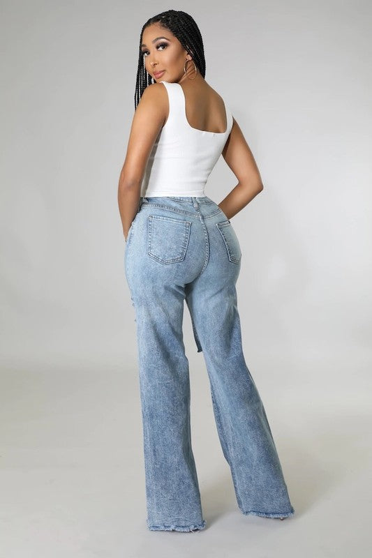 Wide Leg Ripped Denim Stone Wash Jeans