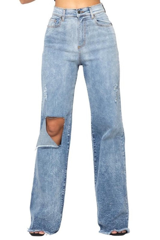 Wide Leg Ripped Denim Stone Wash Jeans