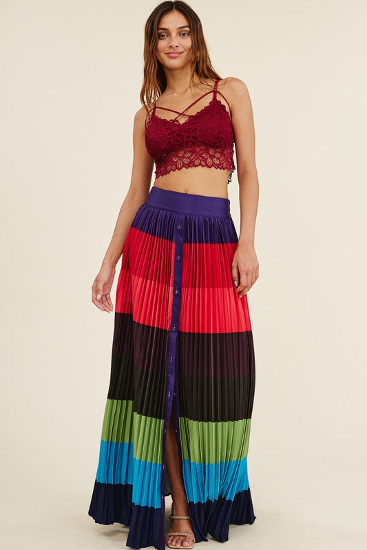 High Waisted Pleated Color Block Maxi Skirt