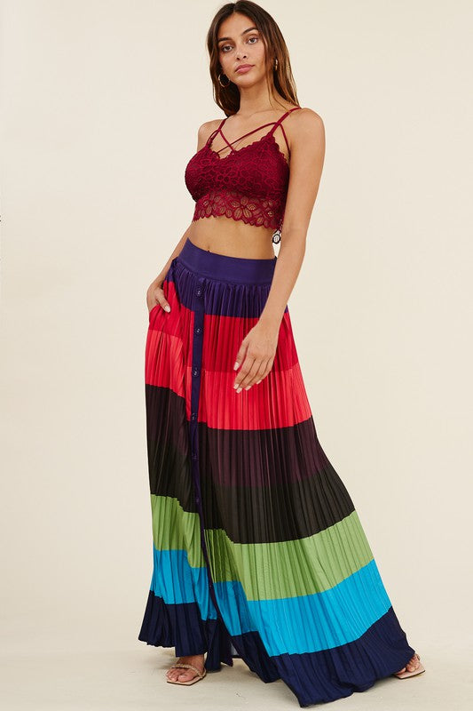 High Waisted Pleated Color Block Maxi Skirt