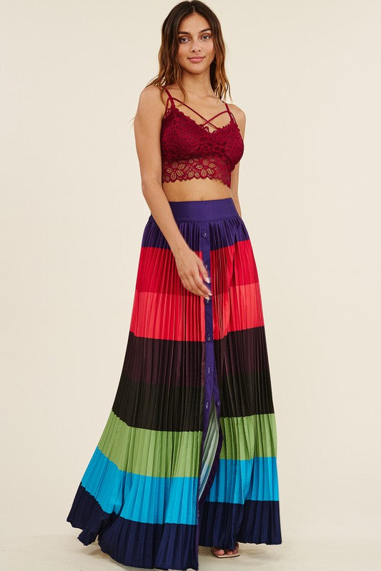 High Waisted Pleated Color Block Maxi Skirt