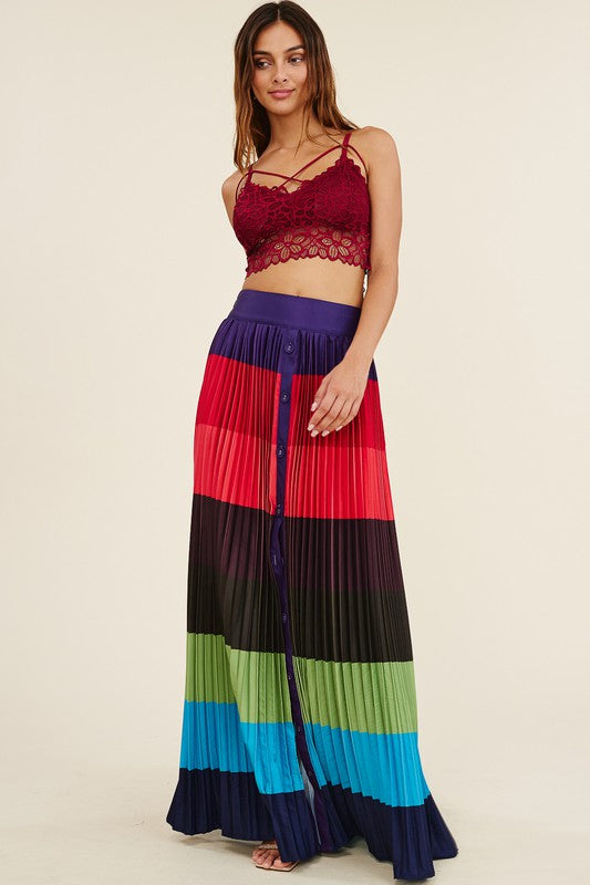 High Waisted Pleated Color Block Maxi Skirt