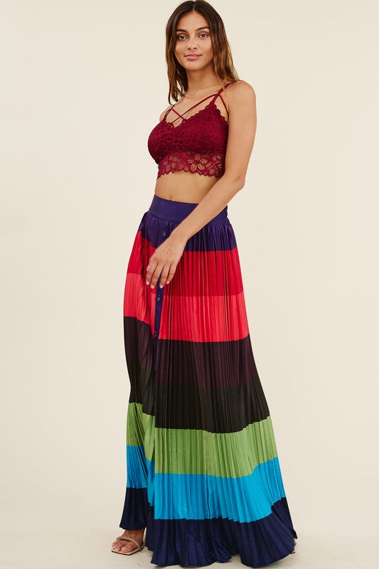 High Waisted Pleated Color Block Maxi Skirt