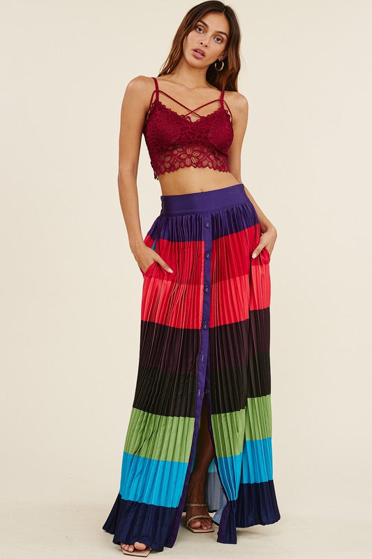 High Waisted Pleated Color Block Maxi Skirt