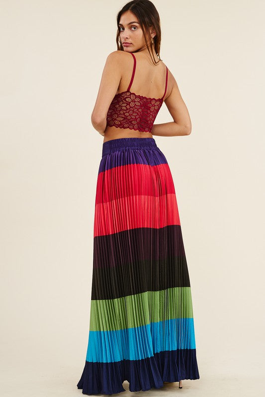 High Waisted Pleated Color Block Maxi Skirt