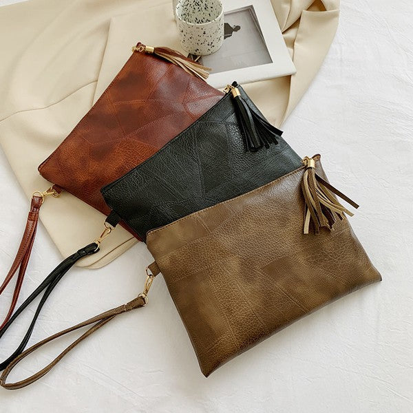 Vegan Leather Clutch Handbag with Tassel