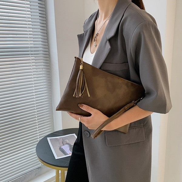 Vegan Leather Clutch Handbag with Tassel