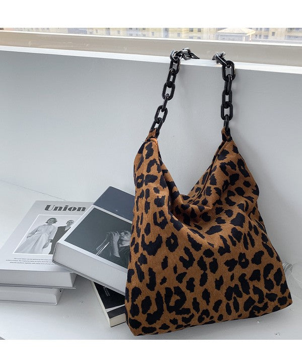 Leopard Print Corduroy Shoulder Tote with Chain Strap