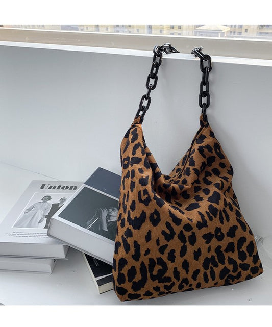 Leopard Print Corduroy Shoulder Tote with Chain Strap