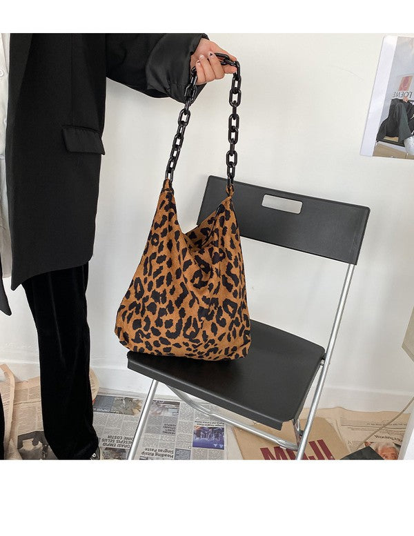 Leopard Print Corduroy Shoulder Tote with Chain Strap