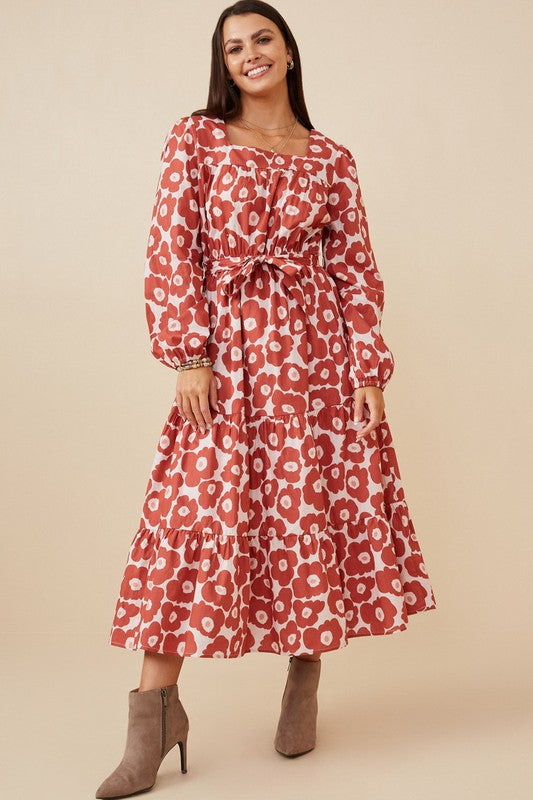 Women's Bold Floral Print Belted Square Neck Dress