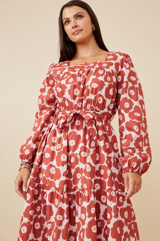 Women's Bold Floral Print Belted Square Neck Dress