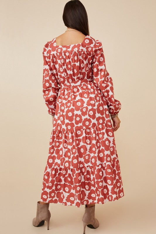 Women's Bold Floral Print Belted Square Neck Dress