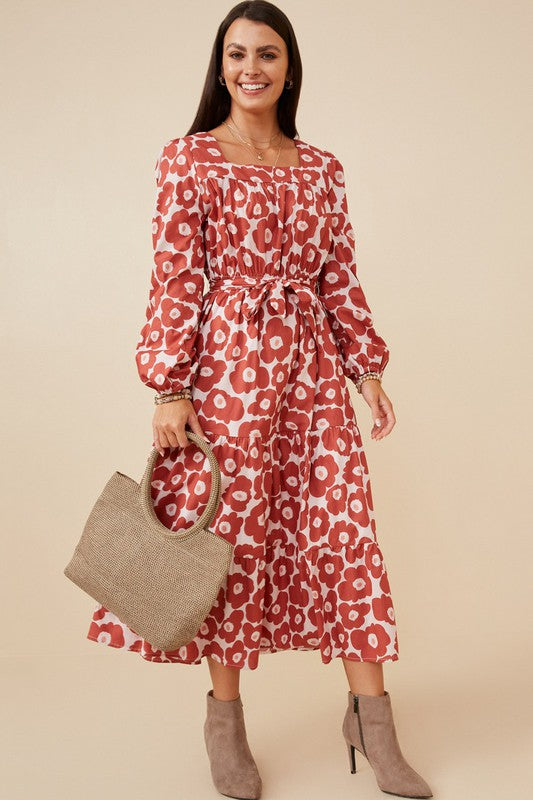 Women's Bold Floral Print Belted Square Neck Dress