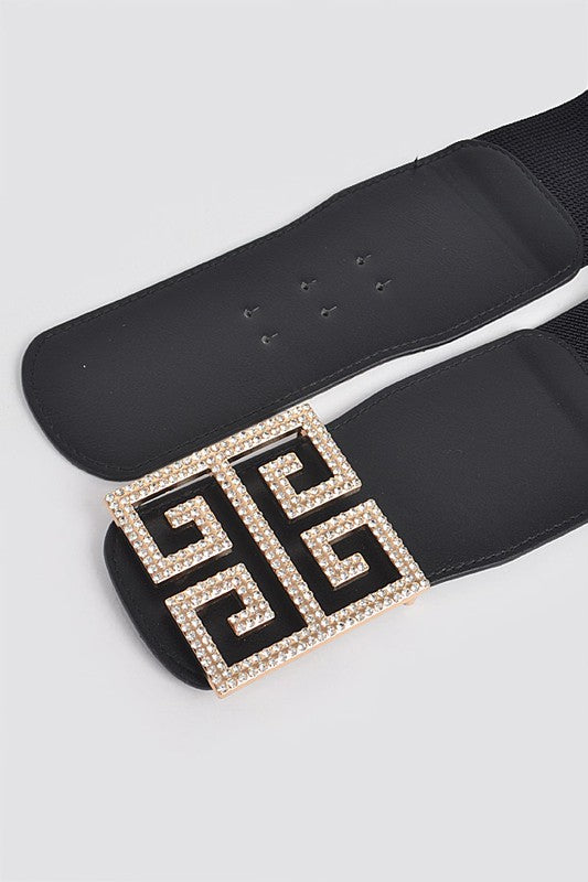 Greek Key Twist Rhinestone Buckle Stretch Belt