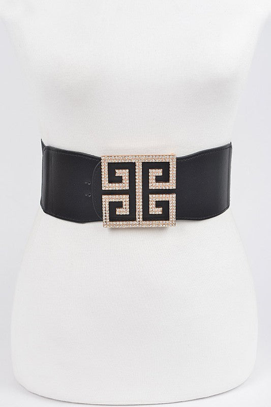 Greek Key Twist Rhinestone Buckle Stretch Belt