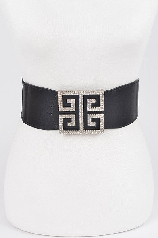 Greek Key Twist Rhinestone Buckle Stretch Belt