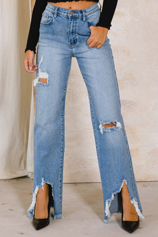 Women’s High Rise Distressed Wide Leg Jeans
