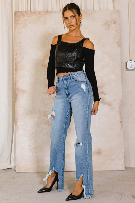 Women’s High Rise Distressed Wide Leg Jeans