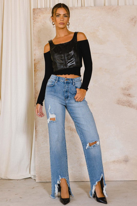 Women’s High Rise Distressed Wide Leg Jeans