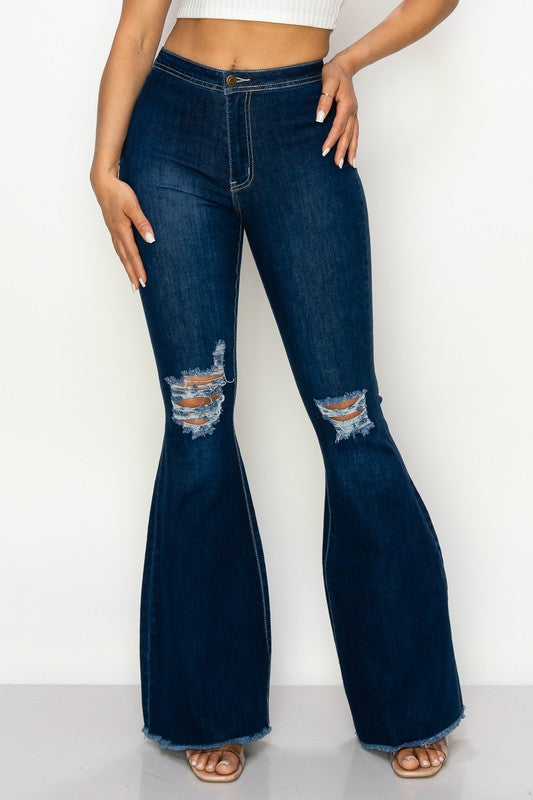 Women's High Waisted Dark Blue Stretchy Distressed Flare Denim Jeans