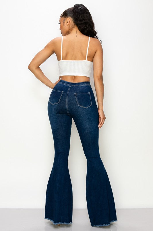 Women's High Waisted Dark Blue Stretchy Distressed Flare Denim Jeans