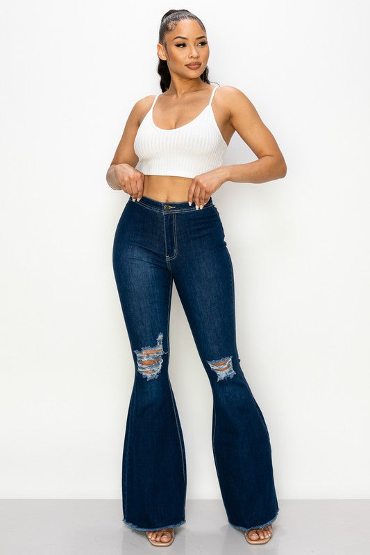 Women's High Waisted Dark Blue Stretchy Distressed Flare Denim Jeans