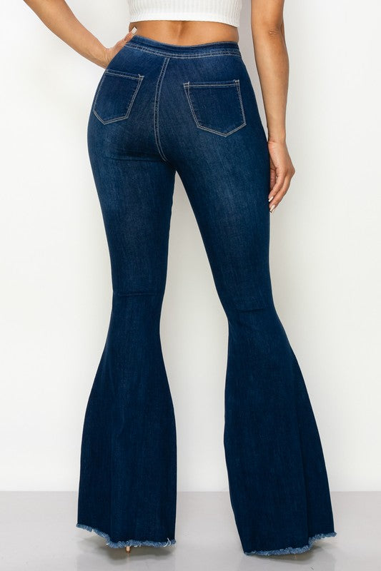 Women's High Waisted Dark Blue Stretchy Distressed Flare Denim Jeans