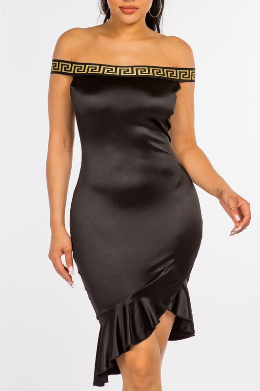 Off the Shoulder Greek Key Trim Print Bodycon Midi Dress