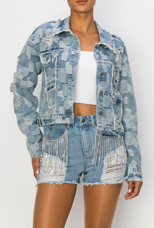 Women's Multi Denim Patchwork Distressed Crop Jacket