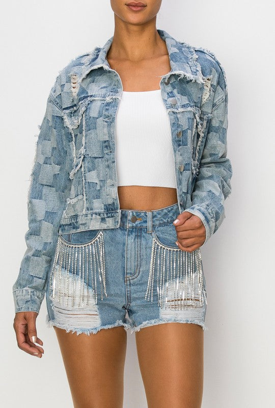 Women's Multi Denim Patchwork Distressed Crop Jacket
