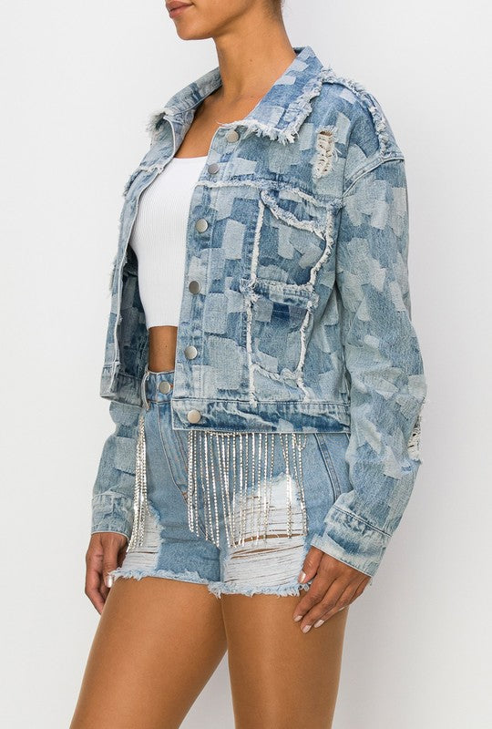 Women's Multi Denim Patchwork Distressed Crop Jacket