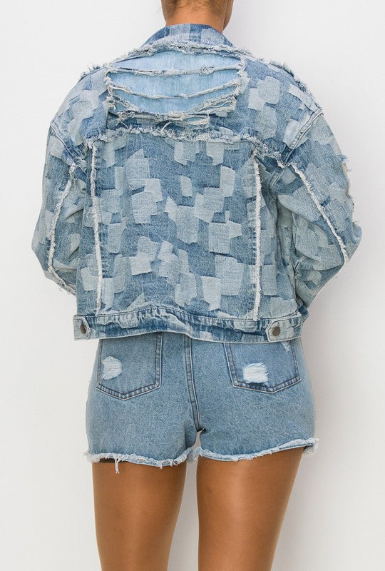 Women's Multi Denim Patchwork Distressed Crop Jacket