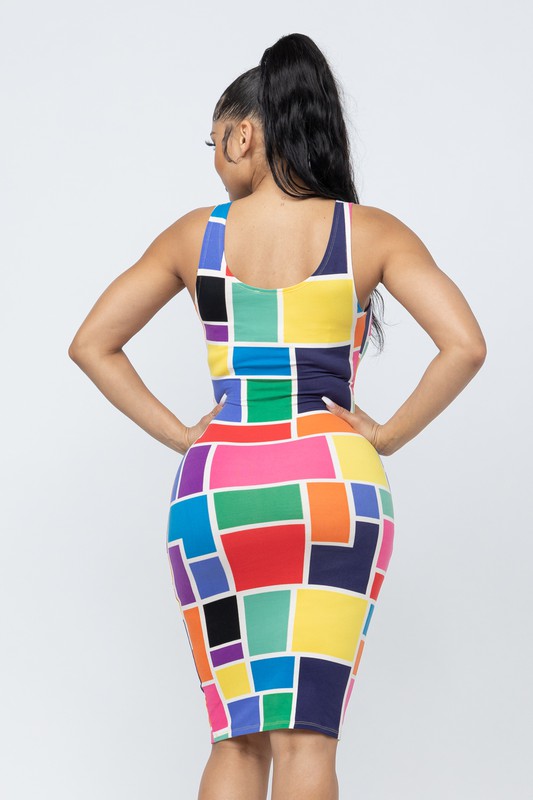 Women's Color Blocked Print Bodycon Tank Midi Dress