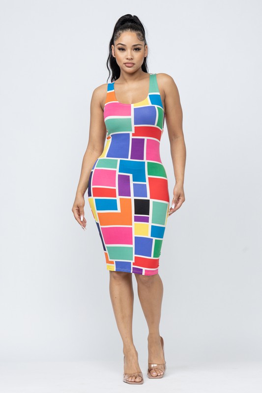 Women's Color Blocked Print Bodycon Tank Midi Dress