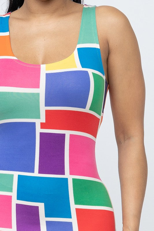 Women's Color Blocked Print Bodycon Tank Midi Dress