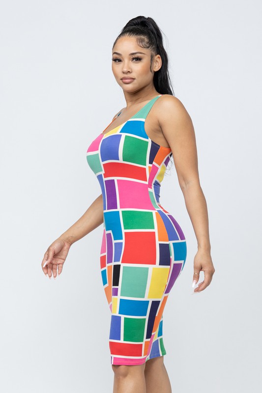 Women's Color Blocked Print Bodycon Tank Midi Dress