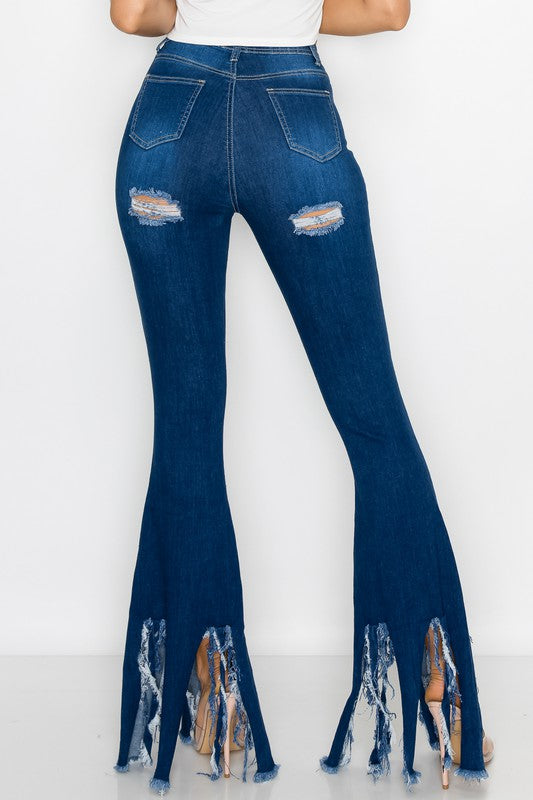 Women's High Waisted Distressed Bell Bottom Fringe Jeans