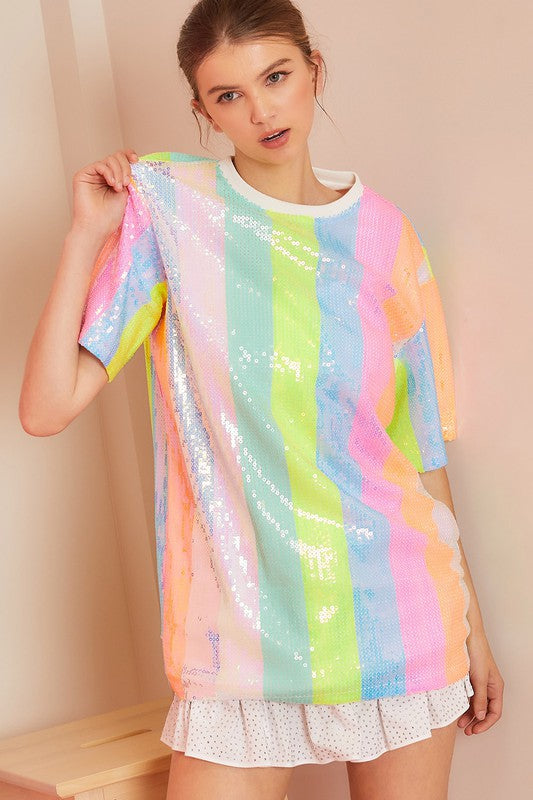 Round Neck Color Stripe Sequin Tunic Top