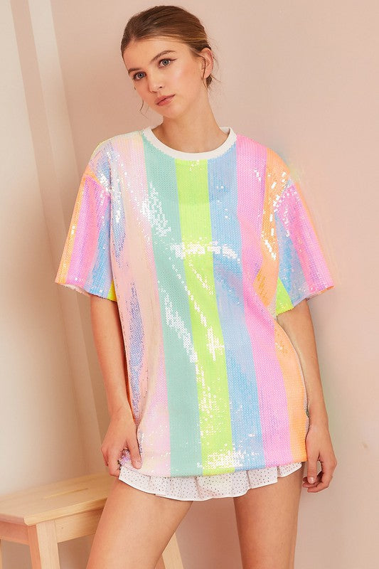 Round Neck Color Stripe Sequin Tunic Top