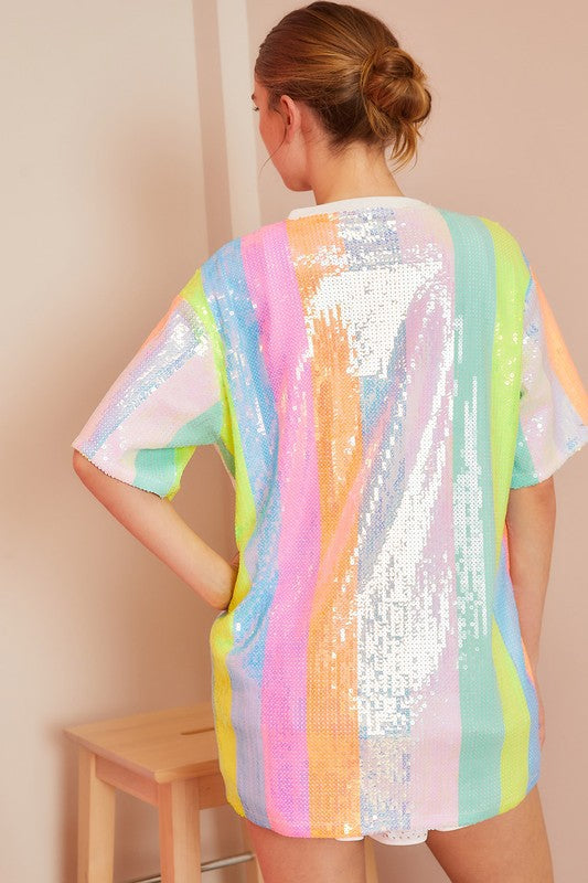 Round Neck Color Stripe Sequin Tunic Top