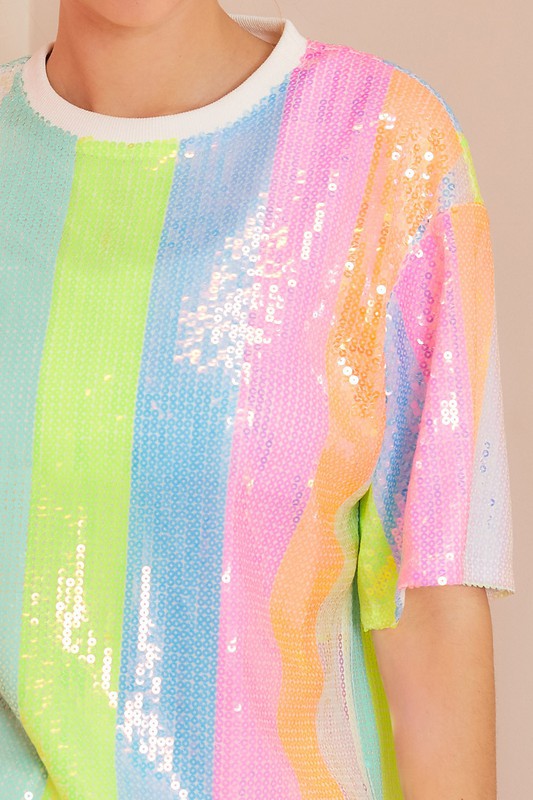 Round Neck Color Stripe Sequin Tunic Top