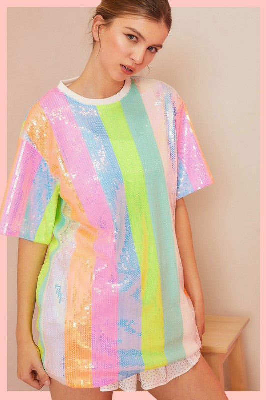 Round Neck Color Stripe Sequin Tunic Top