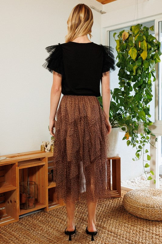 Leopard Mesh Tulle Midi Skirt