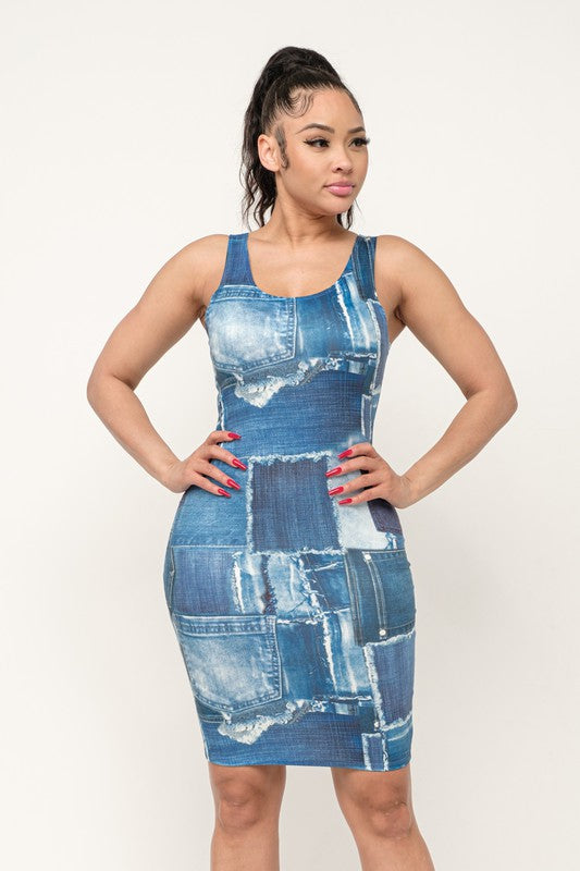 Denim Sublimation Print Bodycon Tank Midi Dress